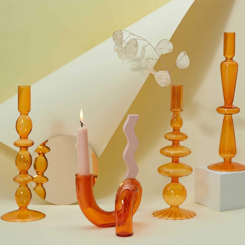 Orange Amber Glass Taper Candle Holder & Vases