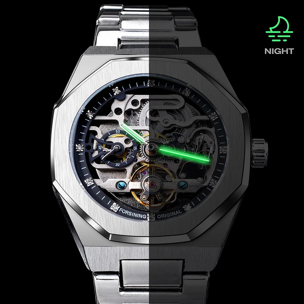 Casual Automatic Watch - 3D Diamond Skeleton Hollow Men's Wristwatch with Luminous Military Design