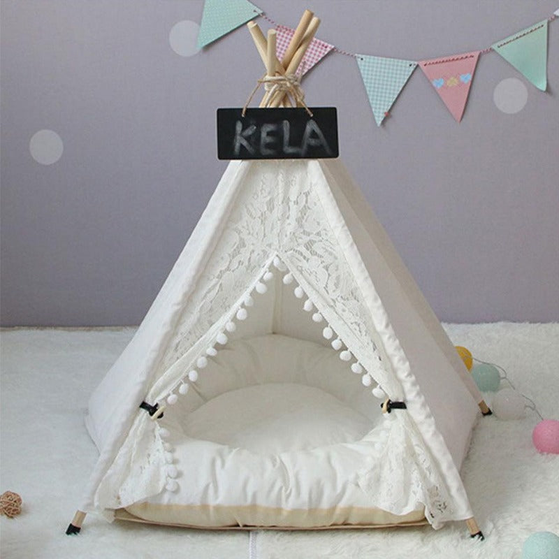 White Lace Pom Pom Dog Teepee with Dog Cushion