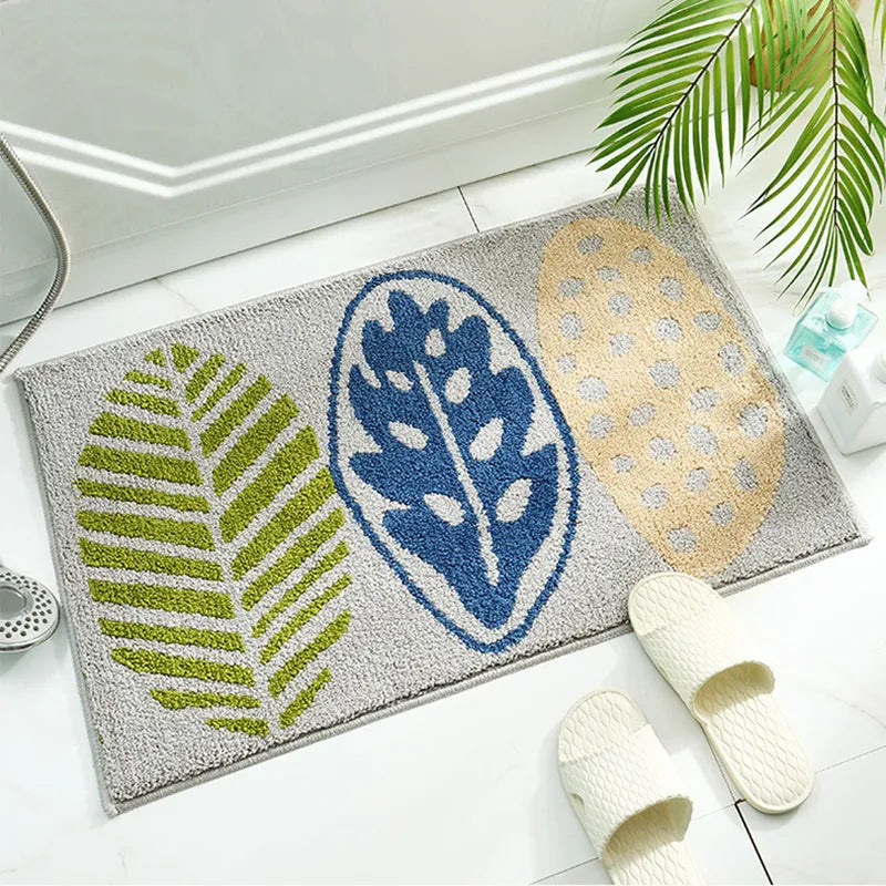 Green Leaves Flocking Bath Mat – Non-Slip, Absorbent Microfibre Bathroom Rug