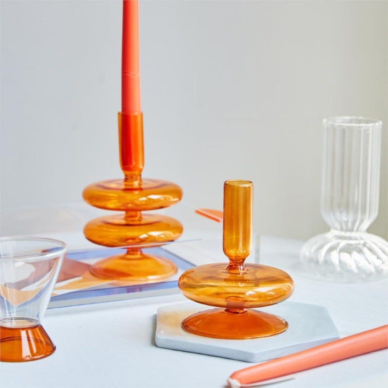 Orange Amber Glass Taper Candle Holder & Vases