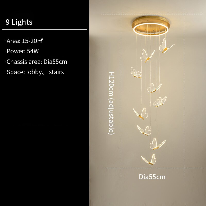 Lámpara de araña de hierro y acrílico con forma de espiral de mariposa en 3D