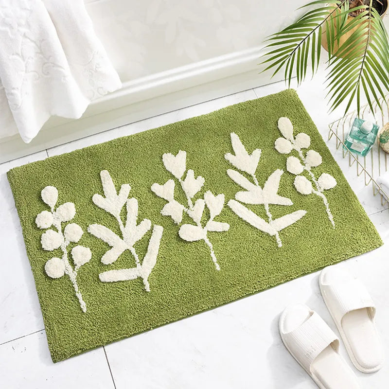 Green Leaves Flocking Bath Mat – Non-Slip, Absorbent Microfibre Bathroom Rug