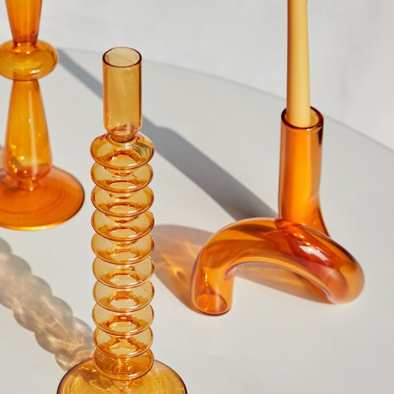 Orange Amber Glass Taper Candle Holder & Vases