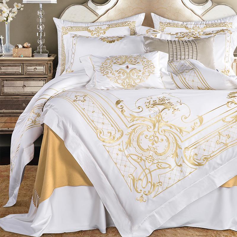 Conjunto de Roupa de Cama de Bordado em Algodão Egípcio DeLuxxe Branco