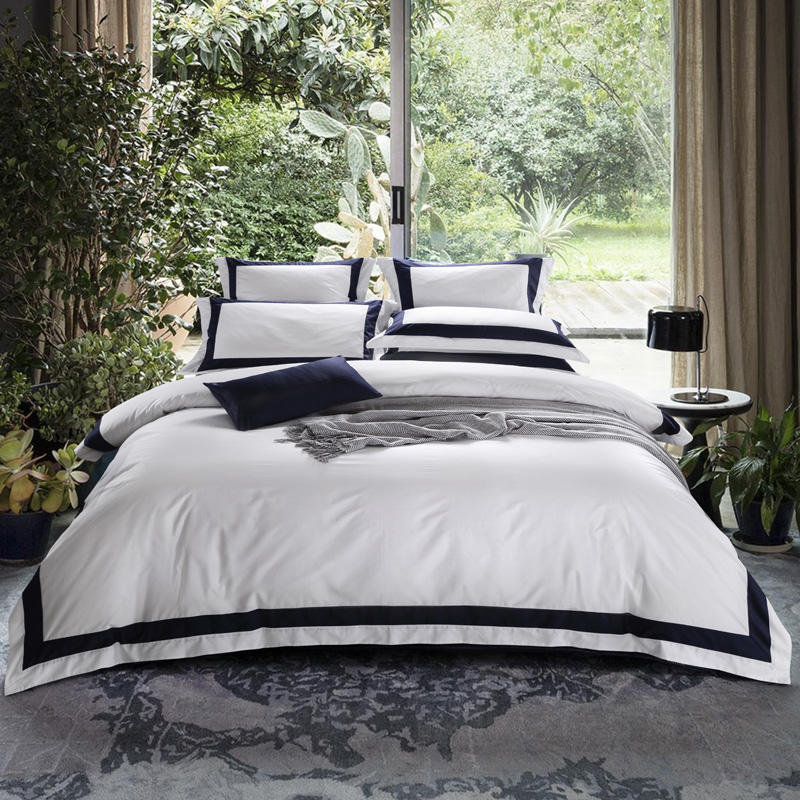 Degella Dark Blue Stripe Egyptian Cotton Luxury White Bedding Set