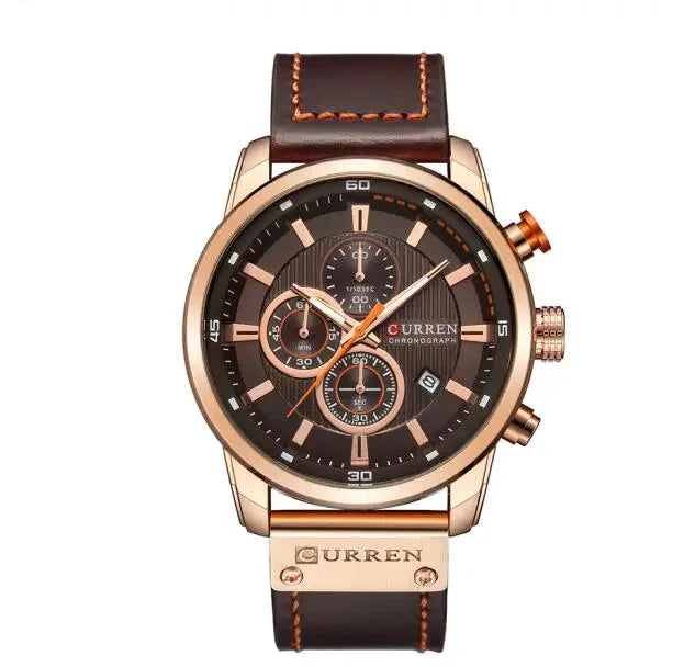 8291  Men's Leather Sports Watch - Chronograph Military Style Quartz Wristwatch