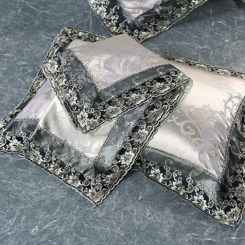 Fateena Silver Brown Luxury Satin Cotton Lace Duvet Cover Set