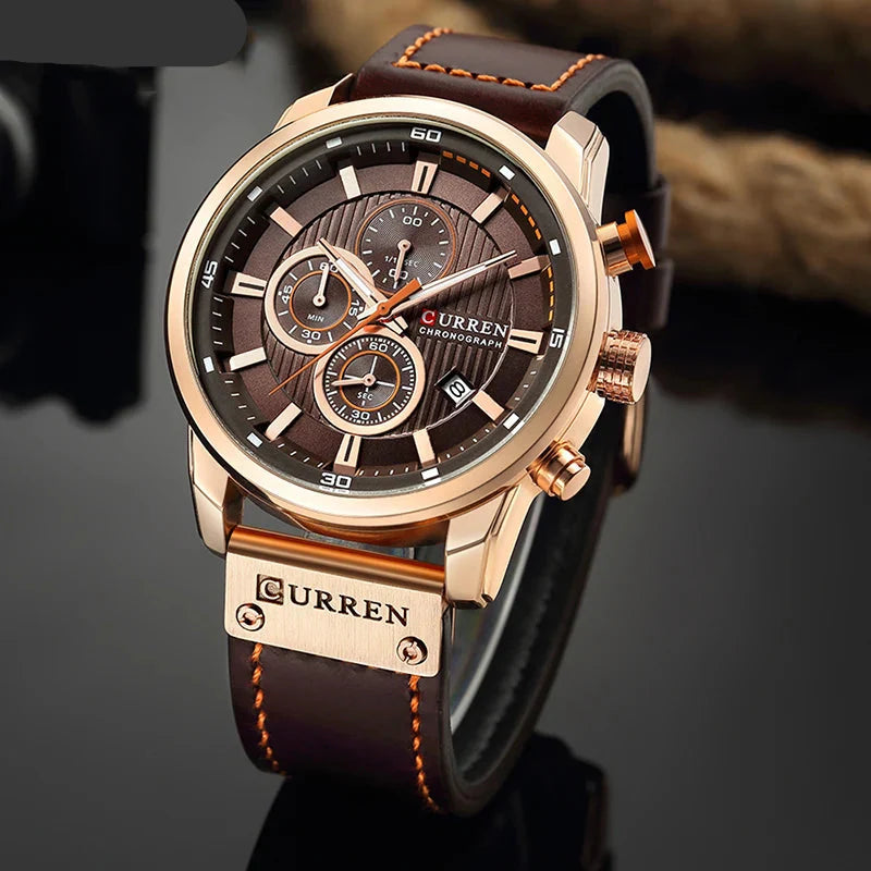 8291  Men's Leather Sports Watch - Chronograph Military Style Quartz Wristwatch