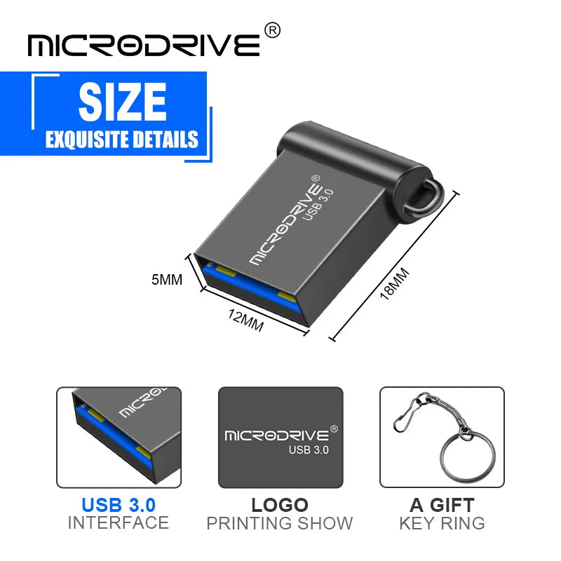 MicroDrive Super Mini USB 3.0 Flash Drive | Metal 16GB, 32GB, 64GB, 128GB | Unitate flash de mare viteză pentru PC și Mac