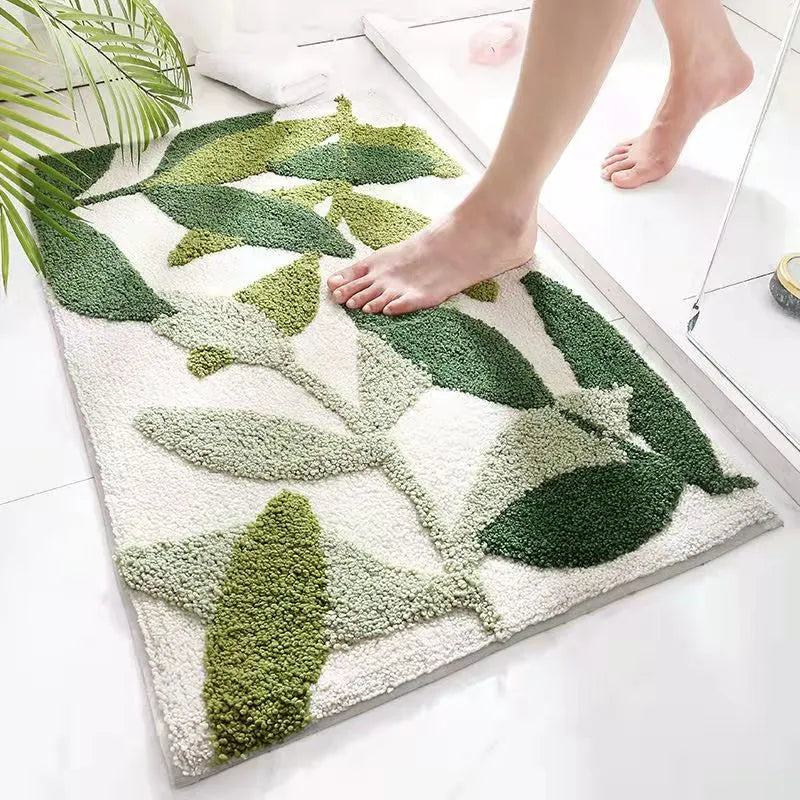 Alfombra de baño flocada de hojas verdes - Alfombra de baño de microfibra absorbente y antideslizante