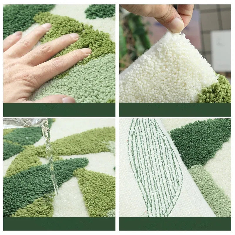 Green Leaves Flocking Bath Mat – Non-Slip, Absorbent Microfibre Bathroom Rug