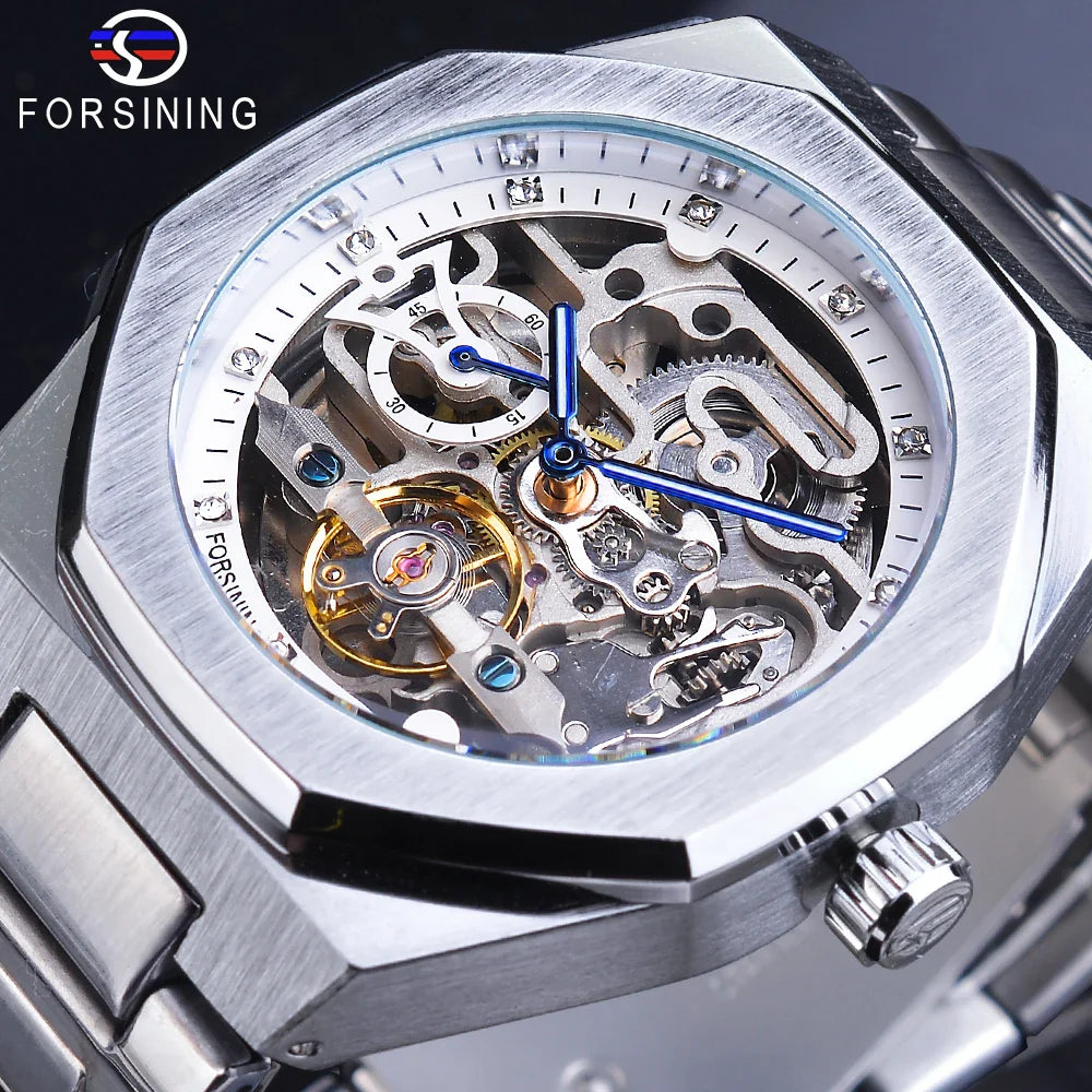 Casual Automatic Watch - 3D Diamond Skeleton Hollow Men's Wristwatch with Luminous Military Design