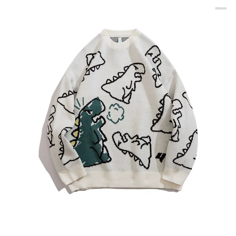 Ed Suéter Harajuku para Hombre - Jersey de Punto de Dinosaurio de Dibujos Animados de Hip Hop con Cuello Redondo de Gran tamaño