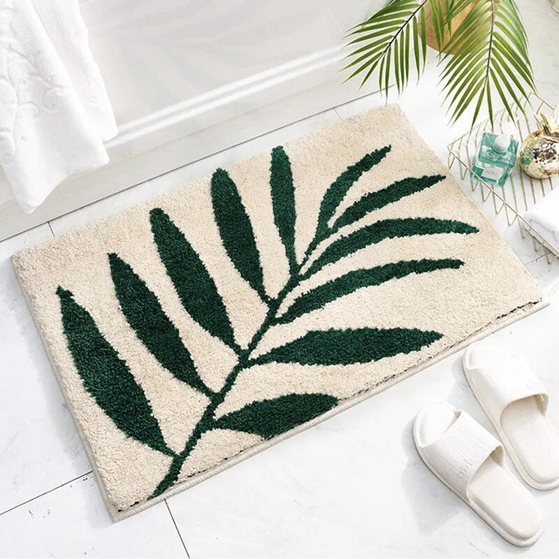 Green Leaves Flocking Bath Mat – Non-Slip, Absorbent Microfibre Bathroom Rug