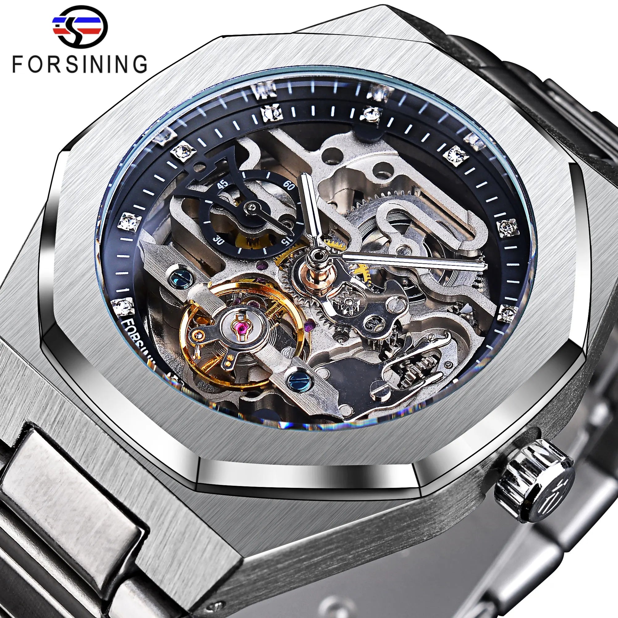 Casual Automatic Watch - 3D Diamond Skeleton Hollow Men's Wristwatch with Luminous Military Design