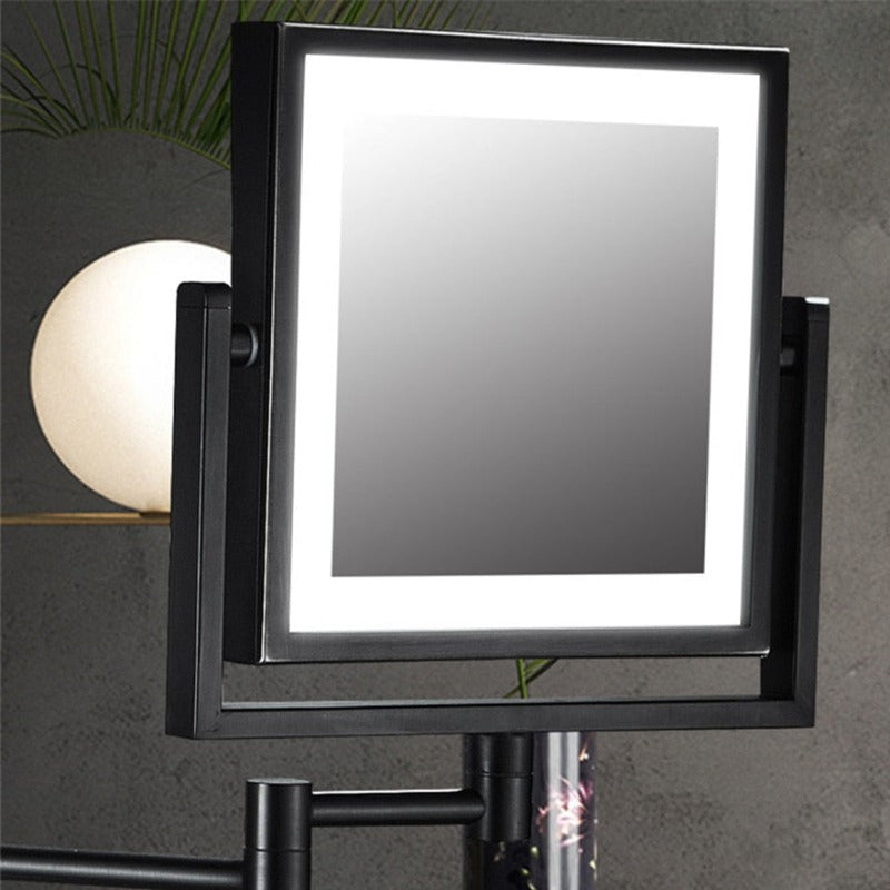 Espejo de baño y maquillaje LED ajustable con aumento cuadrado negro