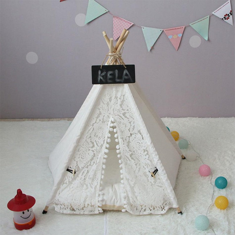 White Lace Pom Pom Dog Teepee with Dog Cushion