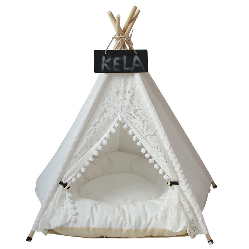 White Lace Pom Pom Dog Teepee with Dog Cushion