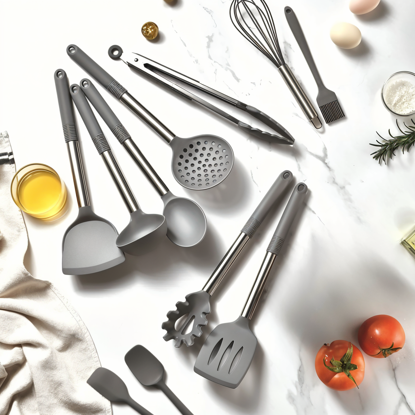 CuisineCraft Ensemble d'ustensiles de cuisine en silicone 12 pièces – Résistant à la chaleur, poignées en acier inoxydable, design ergonomique