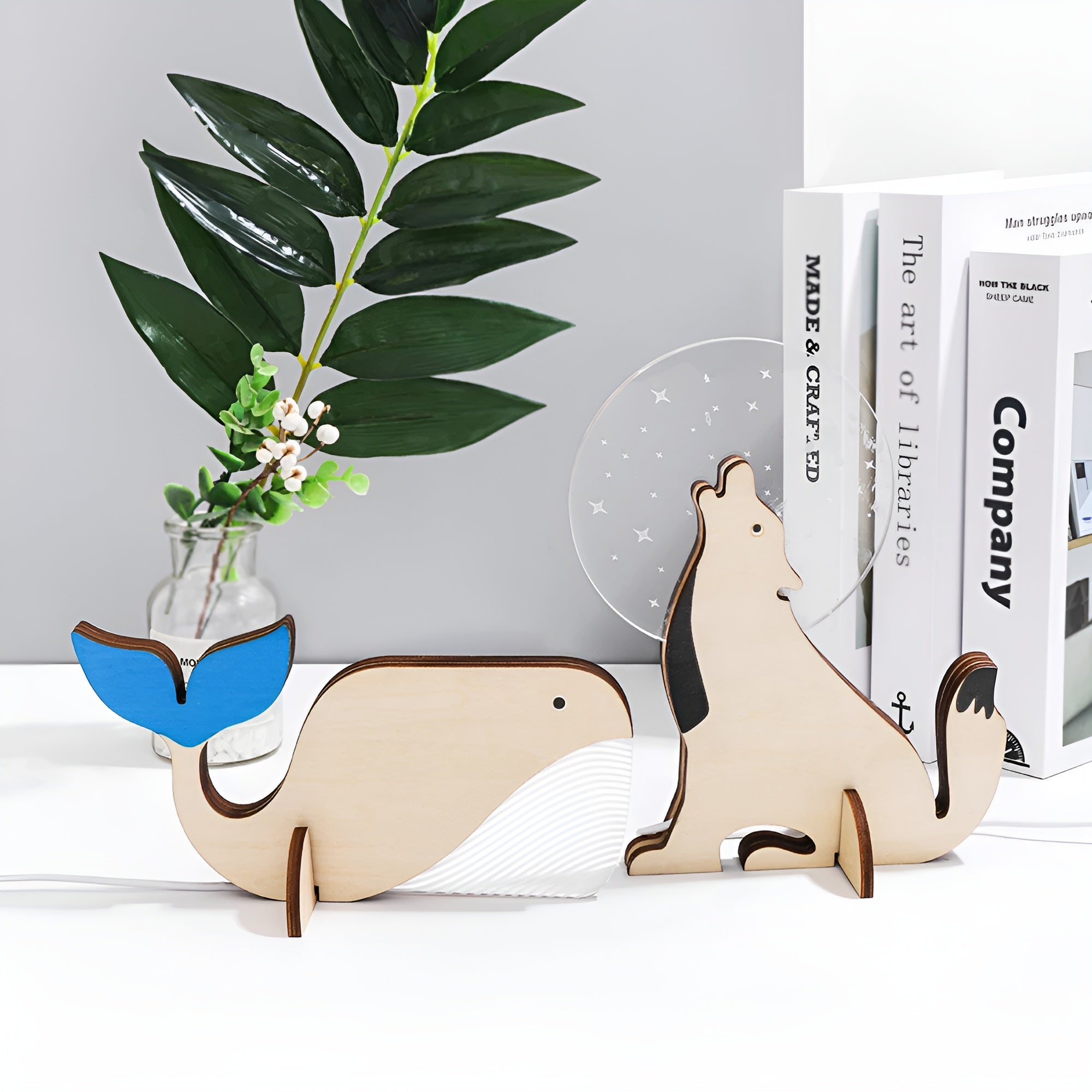 Lámpara de vida silvestre - Lámpara de mesa de animales de madera y acrílico Luz nocturna LED