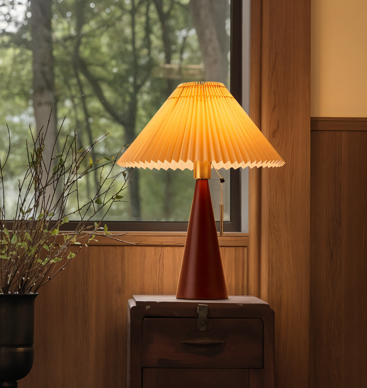 Vintage table lamp - Pleated table lamp with wooden base