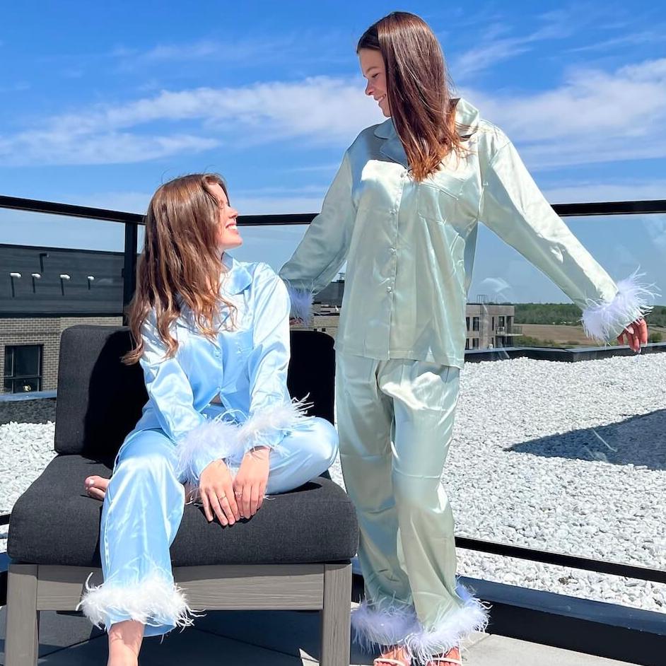 Pastell Lyxiga Fjädrade Pyjamas Set