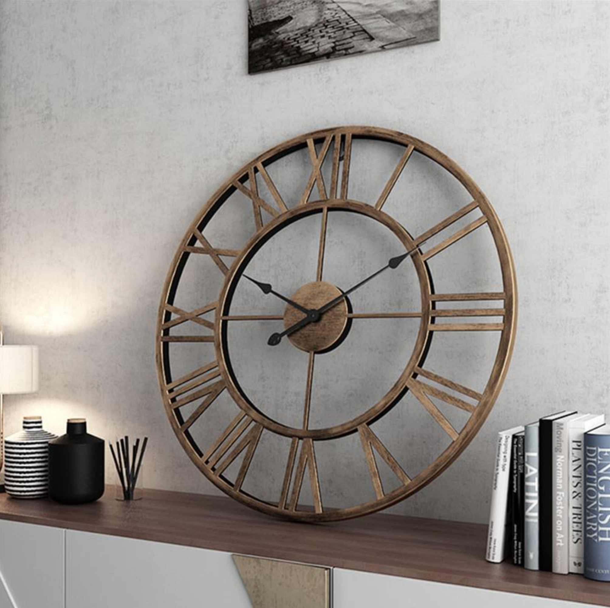 Reloj de pared con esqueleto dorado o de bronce