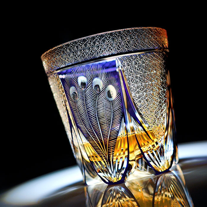 Verre à whisky paon violet fabriqué à la main Edo Kiriko avec boîte en bois