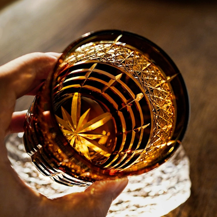 Verre à whisky ambré diamant fabriqué à la main Edo Kiriko avec boîte en bois