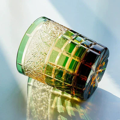 Verre à whisky ambré diamant fabriqué à la main Edo Kiriko avec boîte en bois