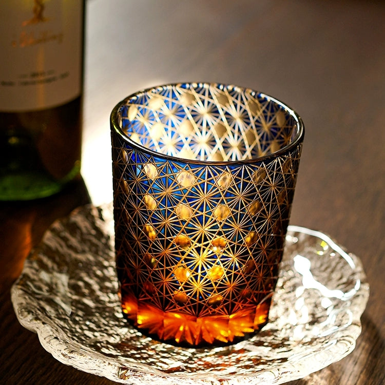 Verres à whisky Edo Kiriko fabriqués à la main avec chrysanthème Amber Star et boîte en bois