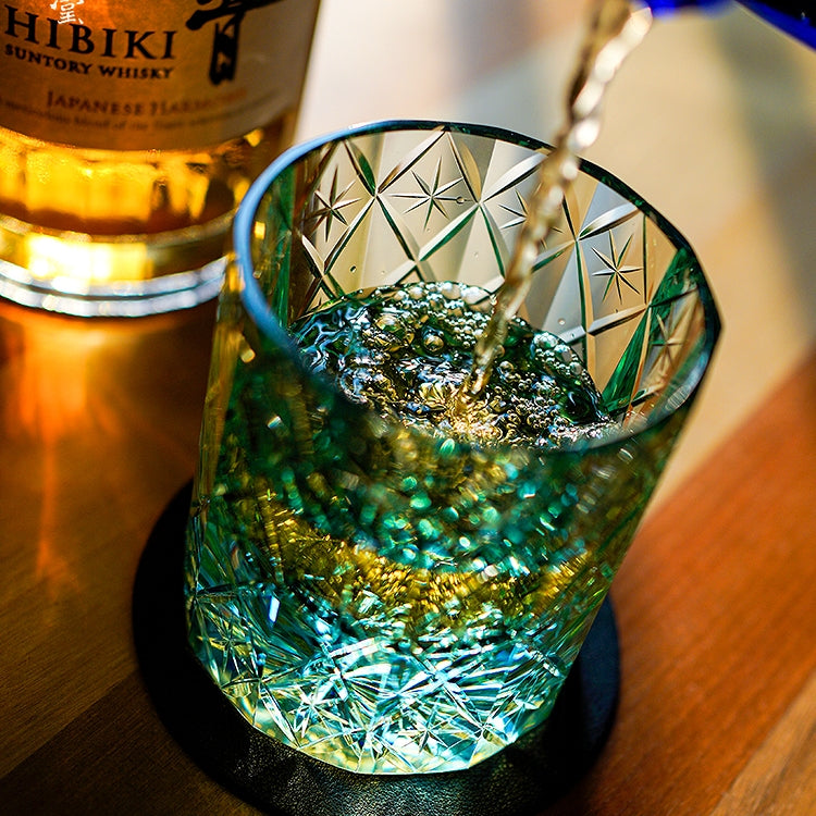 Verre à whisky céleste fabriqué à la main Edo Kiriko avec boîte en bois