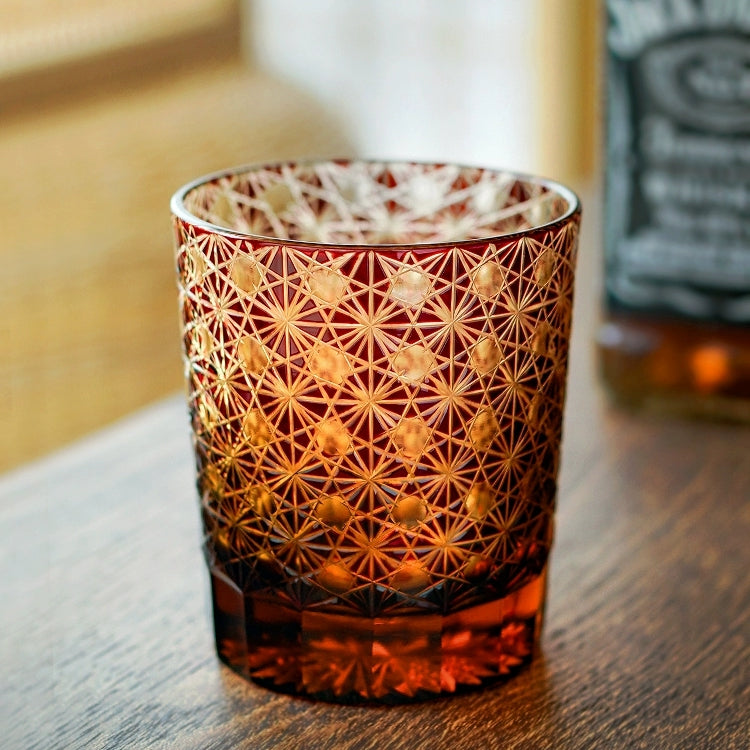 Verres à whisky Edo Kiriko fabriqués à la main avec chrysanthème Amber Star et boîte en bois