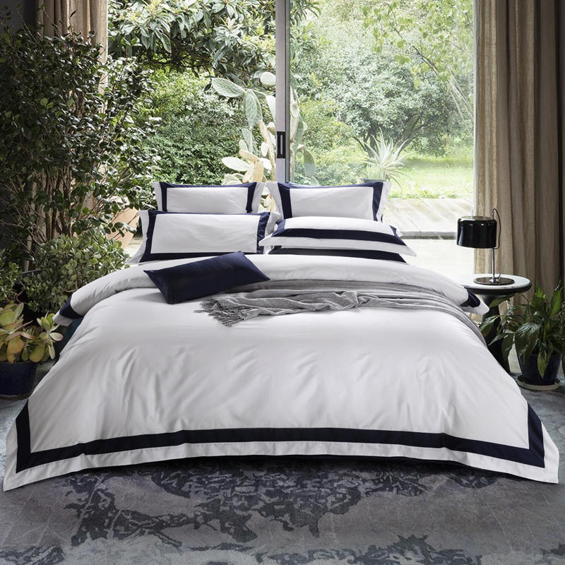 Set di biancheria da letto bianco di lusso in cotone egiziano a righe blu scuro