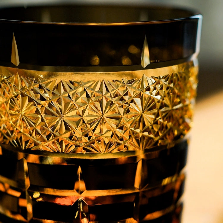 Verre à whisky ambré diamant fabriqué à la main Edo Kiriko avec boîte en bois