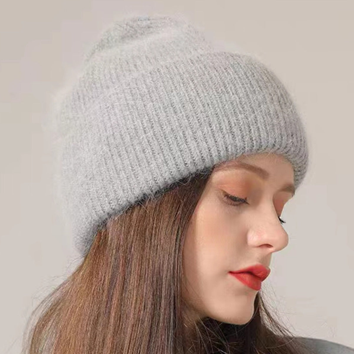 Ribbed Knitted Fur Beanie