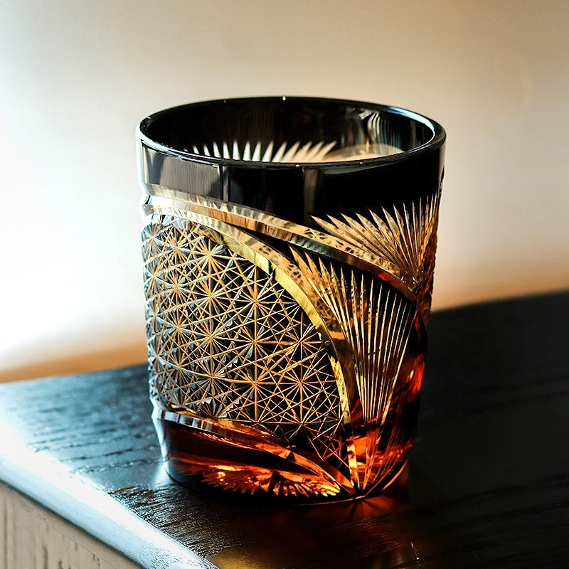 Verre à whisky en plumes de grue fabriqué à la main Edo Kiriko avec boîte en bois