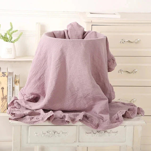 Organic Cotton Ruffled Muslin Baby Swaddle Blanket - White, Beige, Pink, Purple & Blue