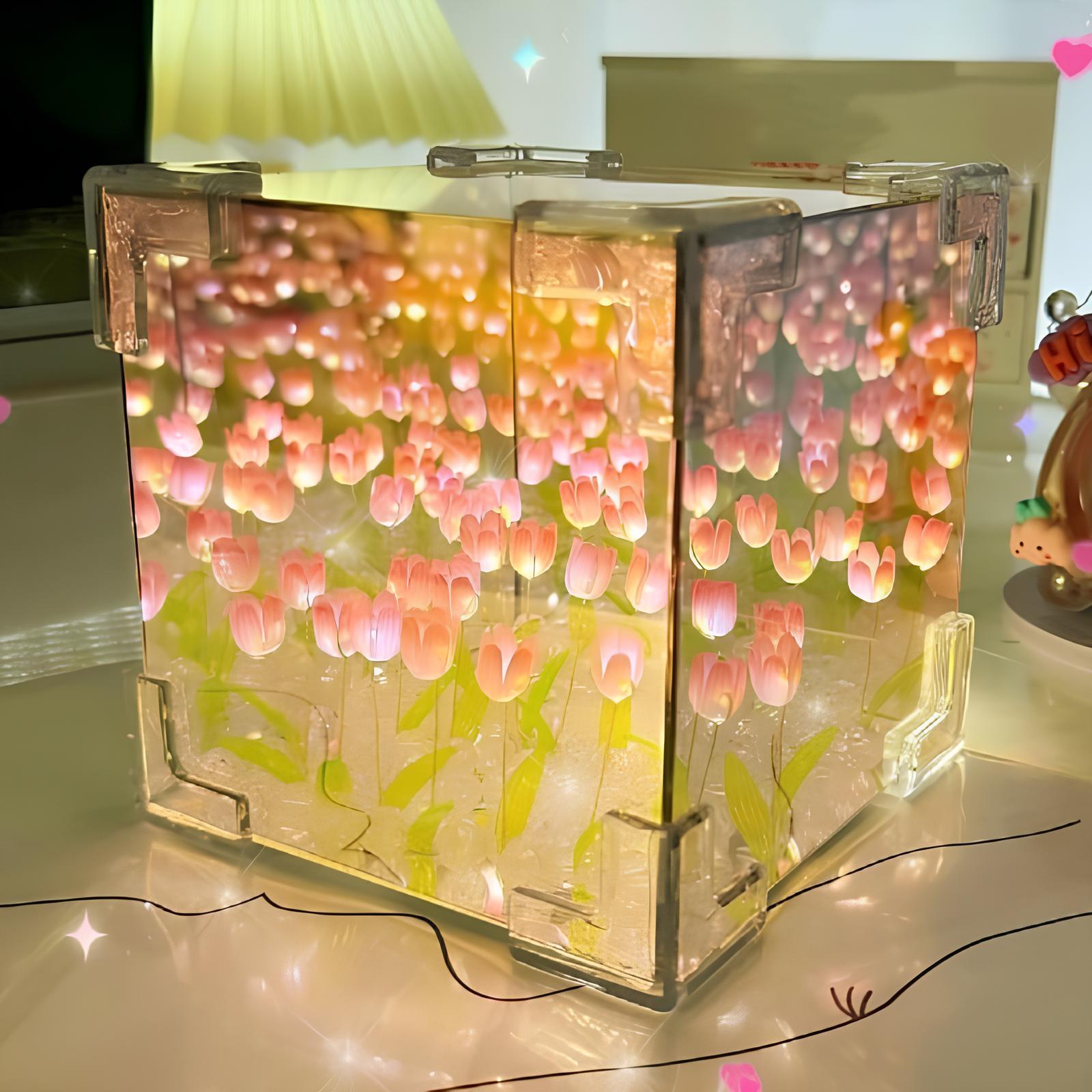 Kreativ DIY tulipanblomst tredimensjonal kube liten nattlampe