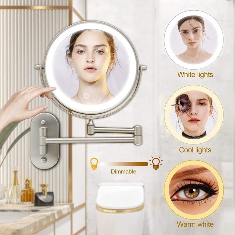 Miroir de maquillage et de salle de bain grossissant à LED rechargeable noir