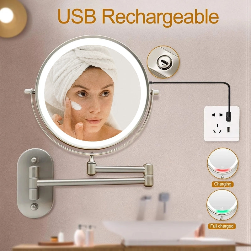 Miroir de maquillage et de salle de bain grossissant à LED rechargeable doré