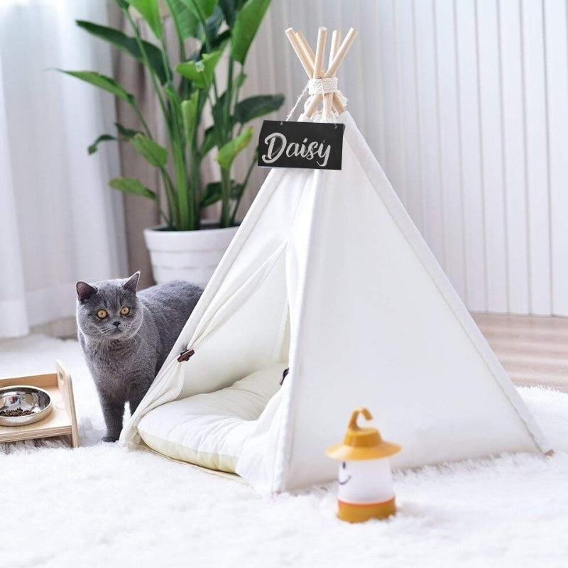 Valkoinen Canvas Cat Teepee pehmeällä kissanpetityynyllä