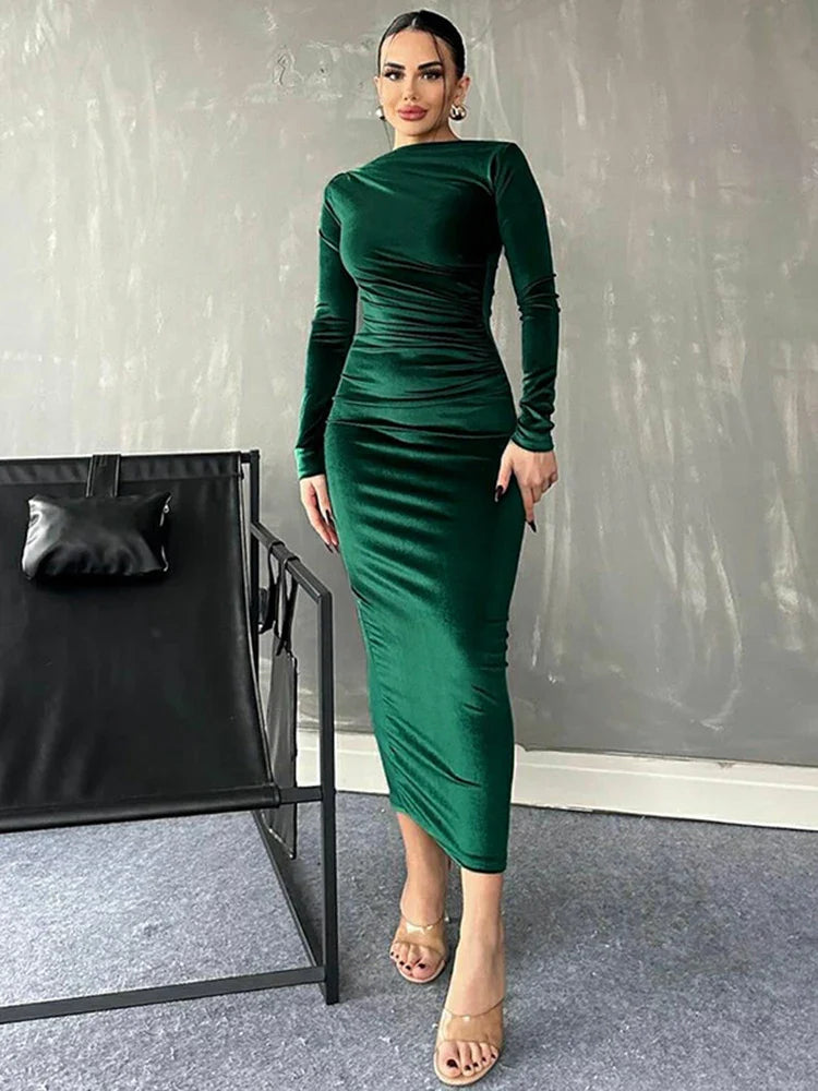 Dulzura Velvet Long Sleeve Midi Dress – Elegant Green Party Dress