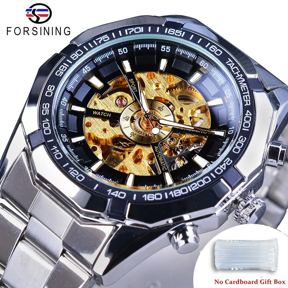 Stainless Steel Waterproof Men's Skeleton Watches -  Transparent Mechanical Sport Male Wrist Watches