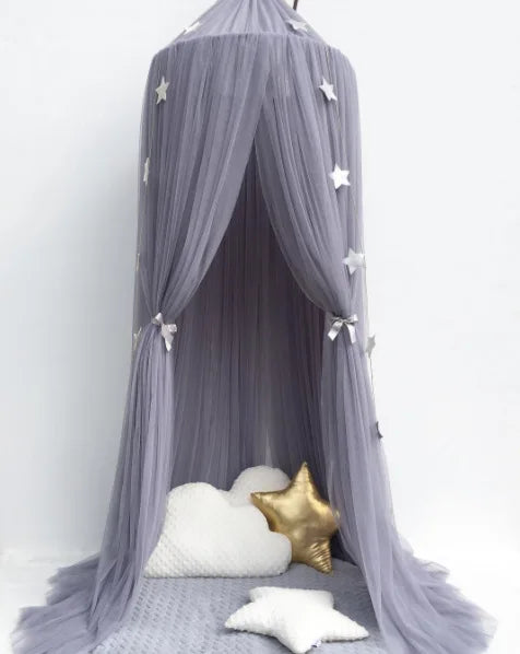 Kids Tulle Bed Canopy with Star Decoration - White, Beige, Pink, Grey, Blue & Purple