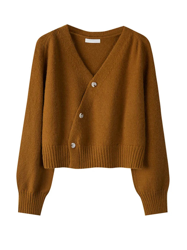 Cardigan à col en V avec boutons inclinés automne-hiver - Pull en cachemire tricoté pour femme