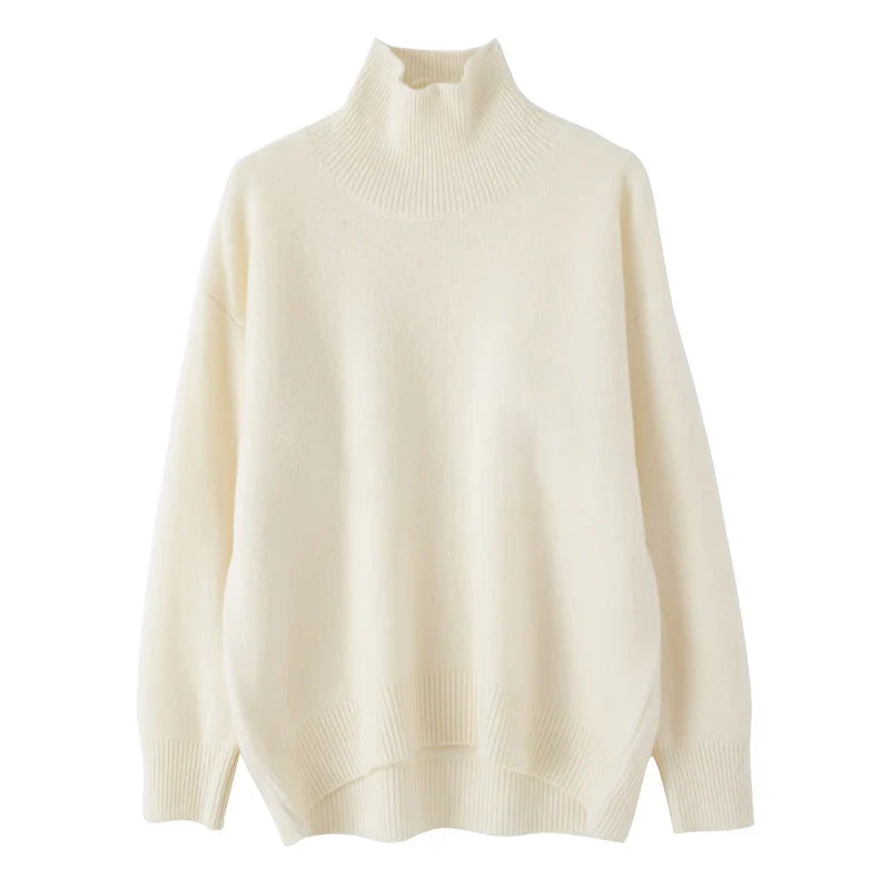 Dame 100 % uld rullekrave sweater - løs afslappet trøje