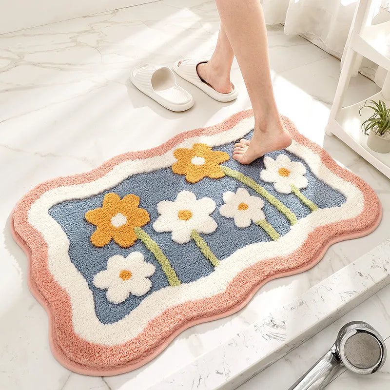 Green Leaves Flocking Bath Mat – Non-Slip, Absorbent Microfibre Bathroom Rug