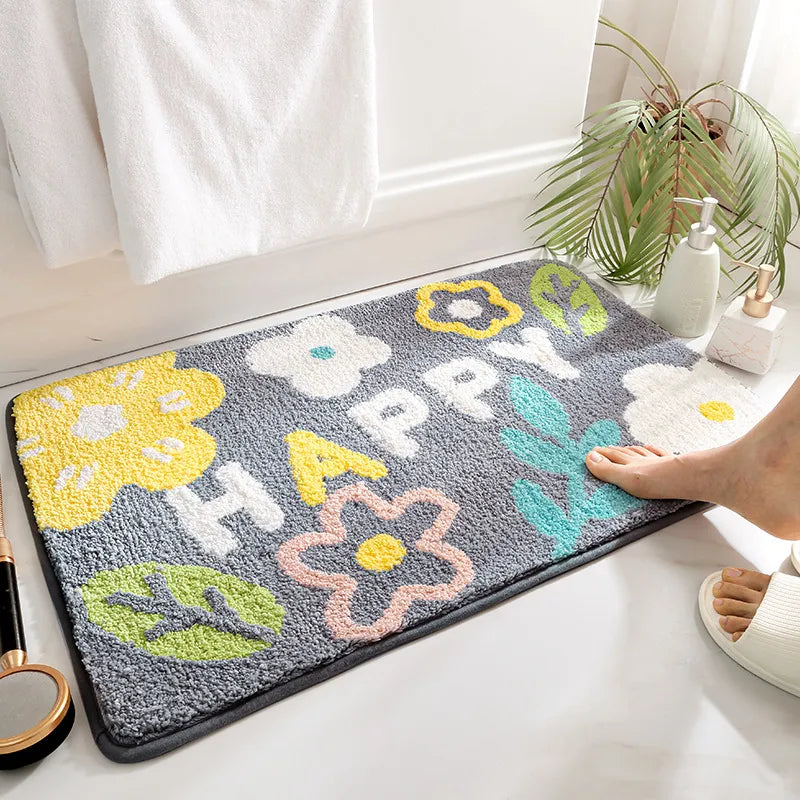 Alfombra de baño flocada de hojas verdes - Alfombra de baño de microfibra absorbente y antideslizante